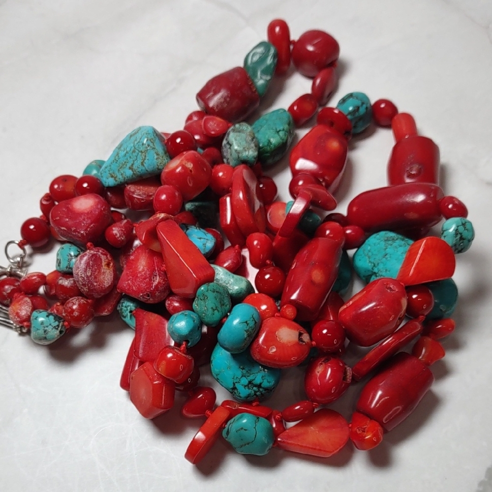 Chunky Layered Triple Strand Coral/Turquoise/Ceramic Bead Necklace